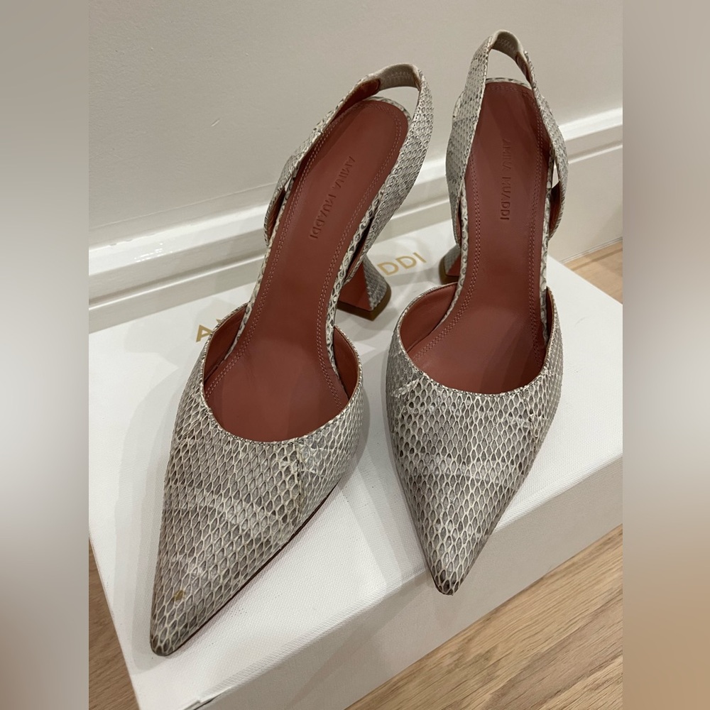 Amina Muaddi Gray Snakeskin Heels